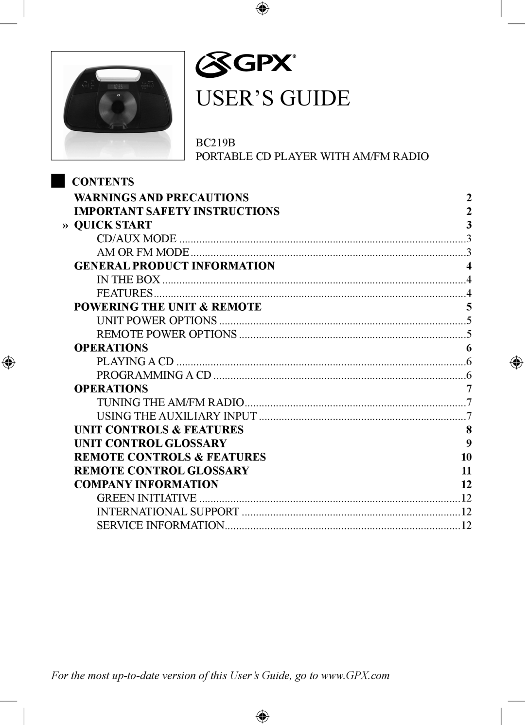 GPX BC219B important safety instructions Contents Important Safety Instructions »» Quick Start, Powering the Unit & Remote 