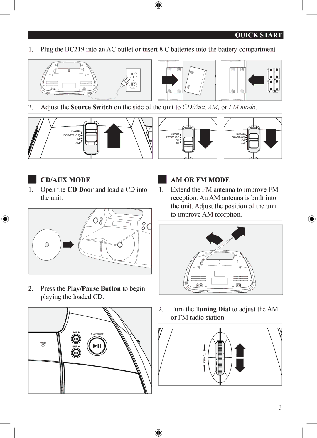 GPX BC219B important safety instructions Quick Start, CD/AUX Mode, AM or FM Mode 