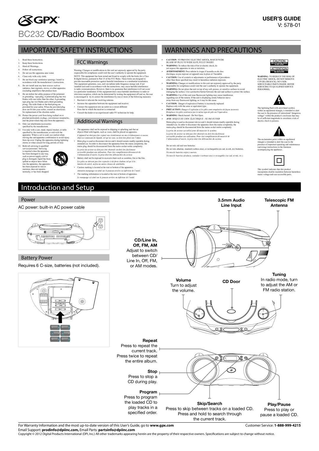 GPX BC232R important safety instructions Introduction and Setup 