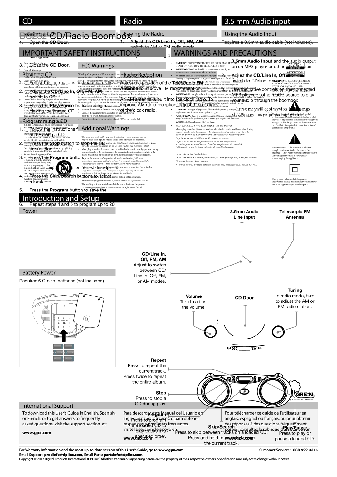 GPX BC232R important safety instructions Radio, Mm Audio input 