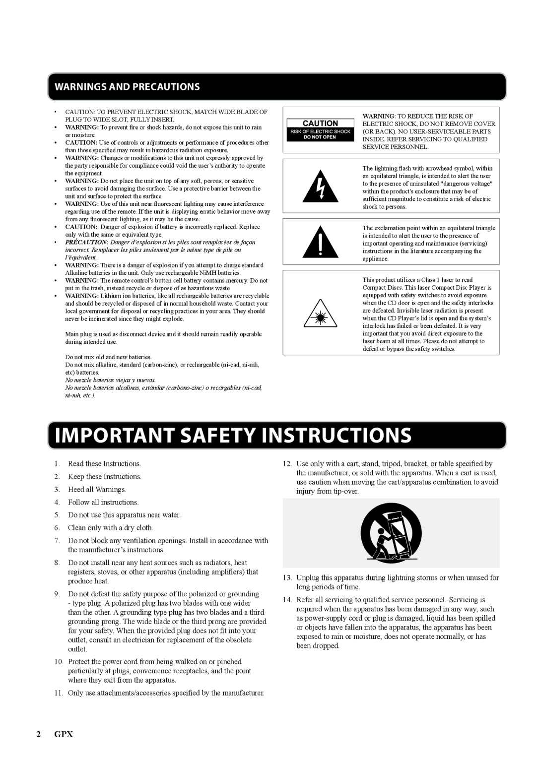 GPX BD717 manual Important Safety Instructions, Gpx 