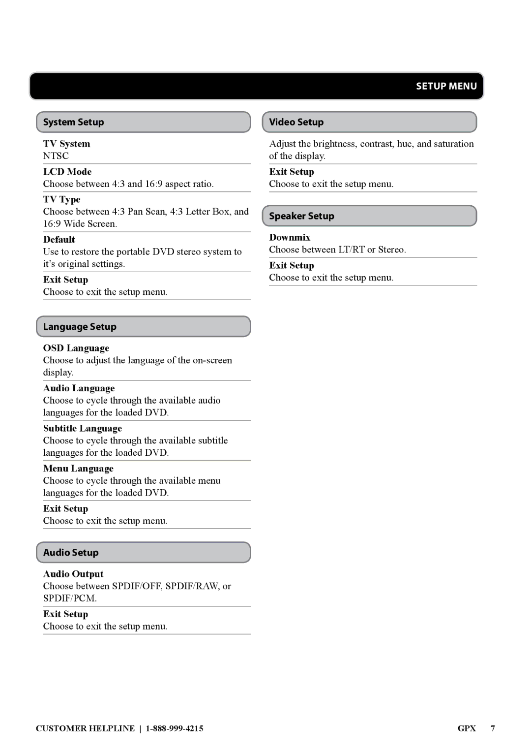 GPX BD717 manual Setup Menu 