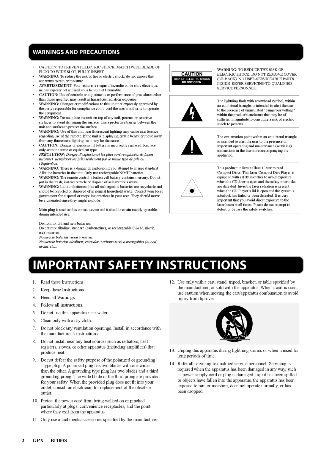 GPX BI100S manual Important Safety Instructions 