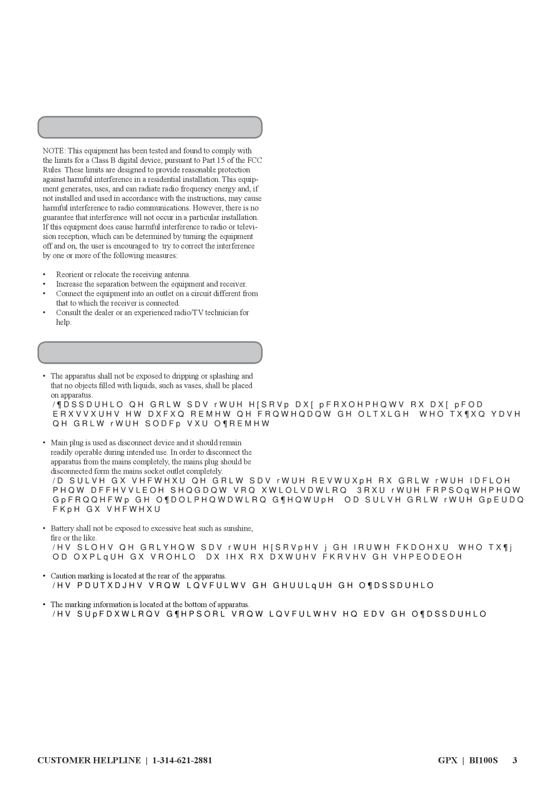 GPX BI100S manual FCC Warnings 