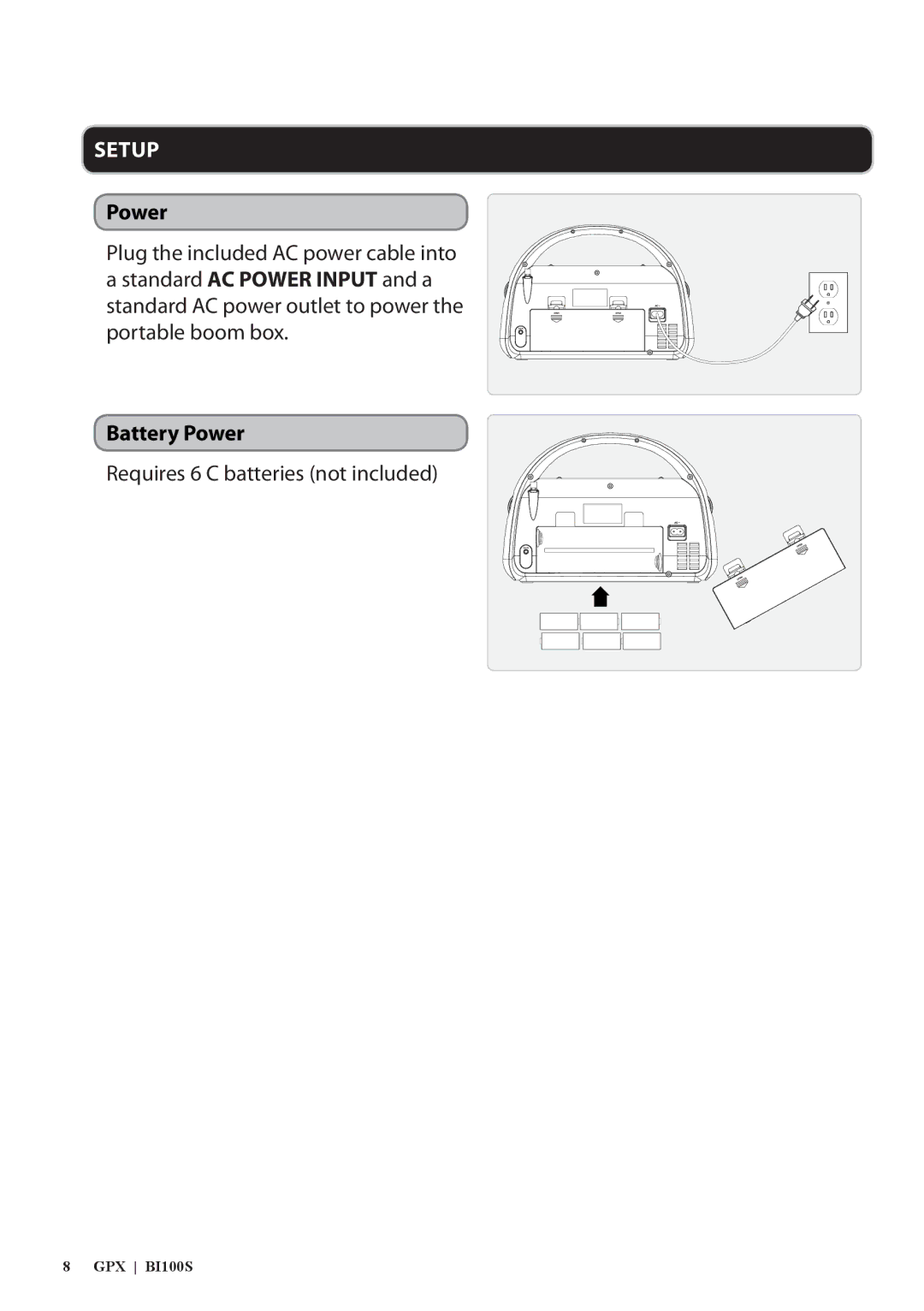 GPX BI100S manual Battery Power 