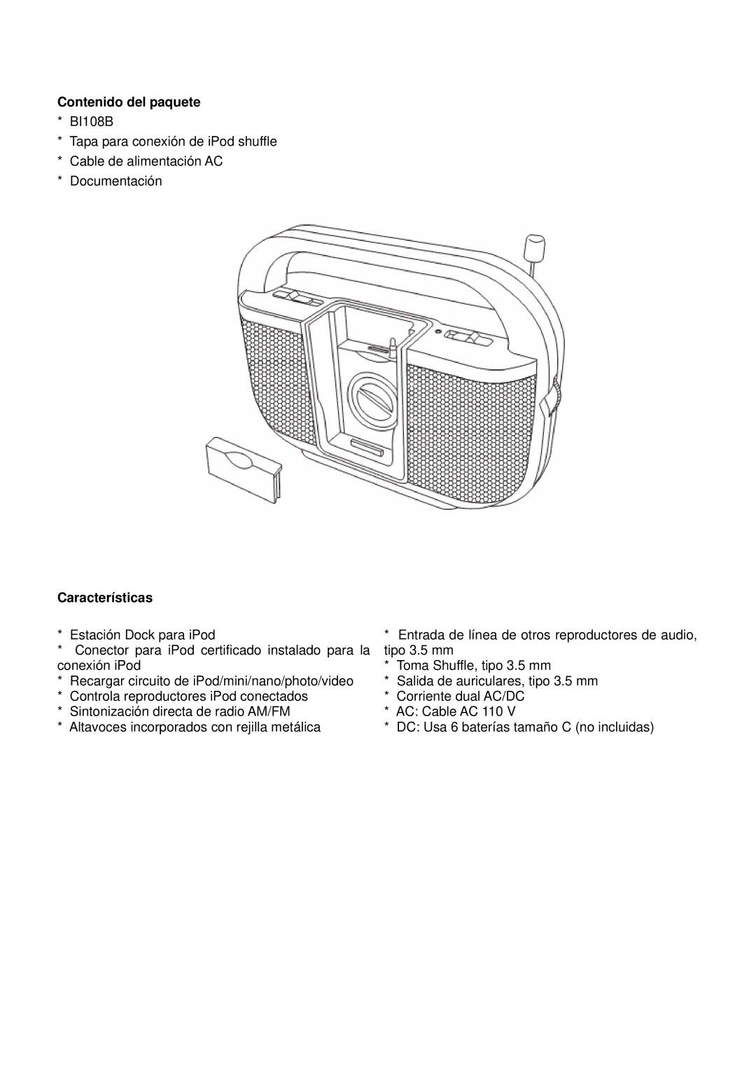 GPX BI108B manual Contenido del paquete, Características 