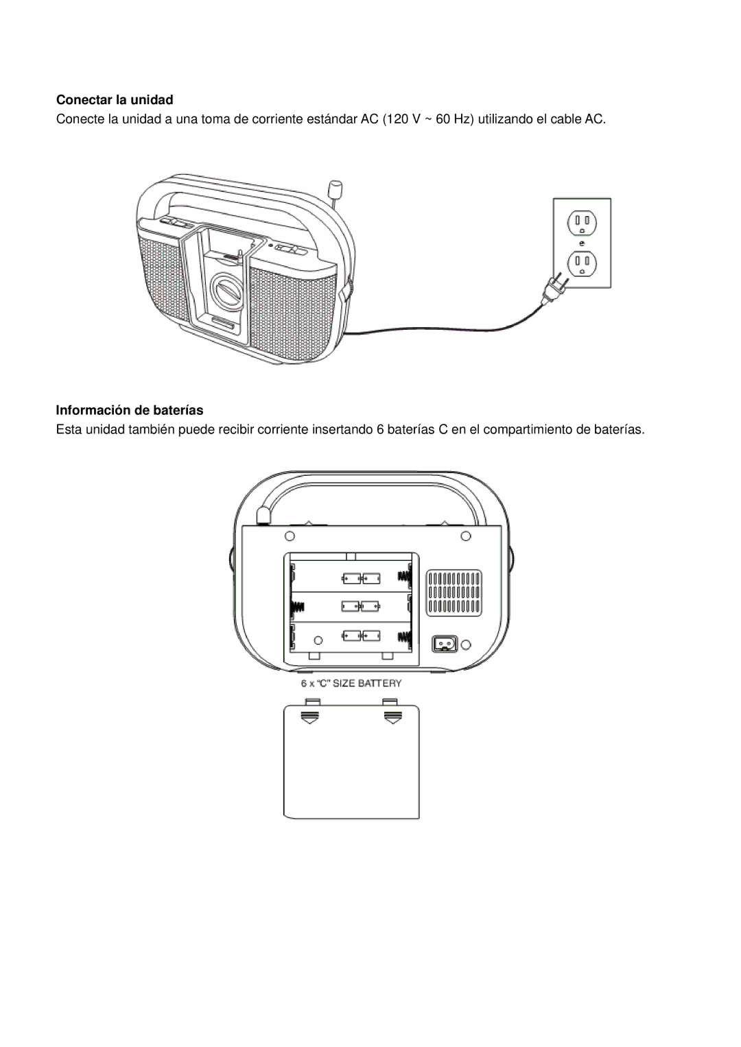 GPX BI108B manual Conectar la unidad, Información de baterías 