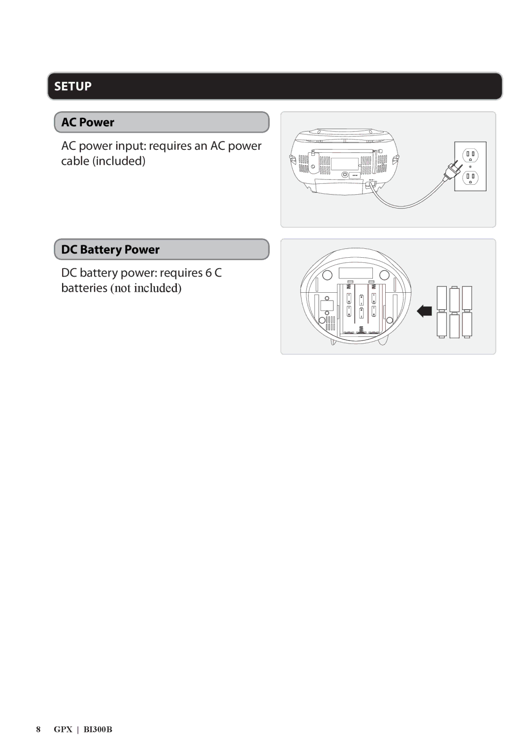 GPX BI300B, 0650-1120-09 manual AC Power, DC Battery Power 