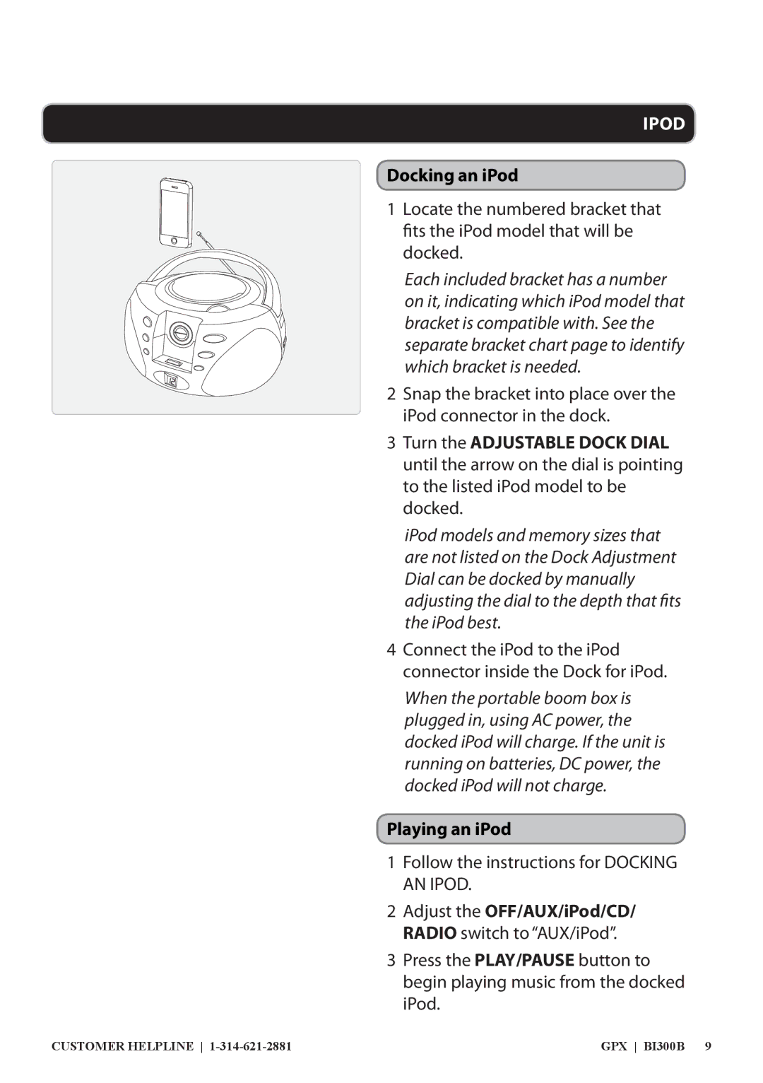 GPX 0650-1120-09, BI300B manual Docking an iPod, Playing an iPod 