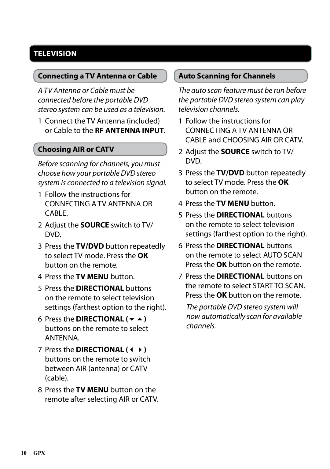 GPX BT780B, 1807-0706-10 manual Connecting a TV Antenna or Cable, Choosing AIR or Catv, Auto Scanning for Channels 