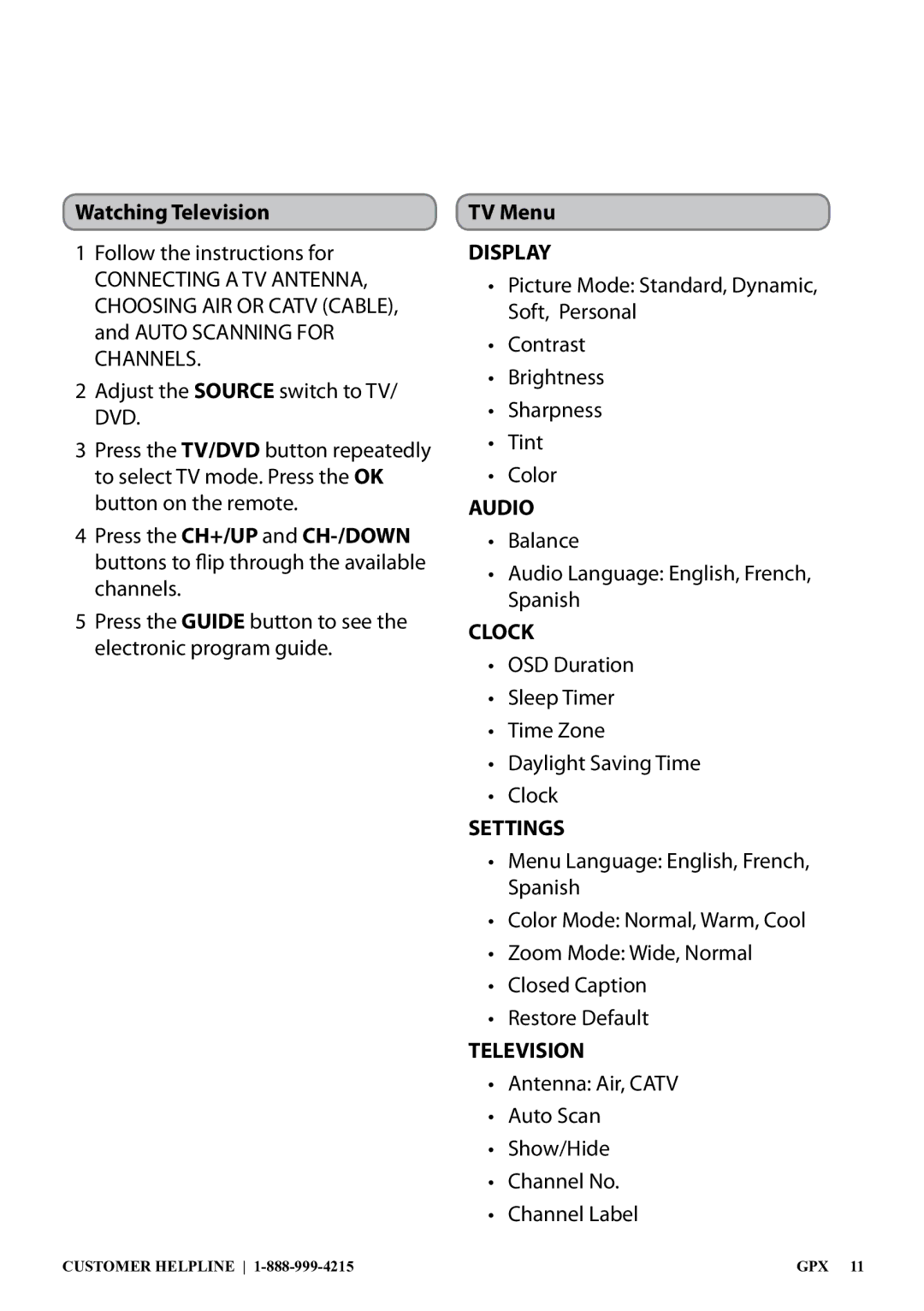 GPX 1807-0706-10, BT780B manual Display, Audio, Clock, Settings, Television 