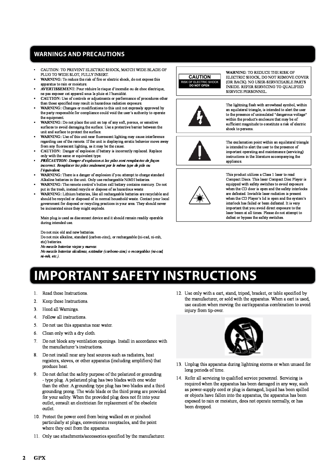 GPX BT780B, 1807-0706-10 manual Important Safety Instructions, Warnings And Precautions, 2 GPX 