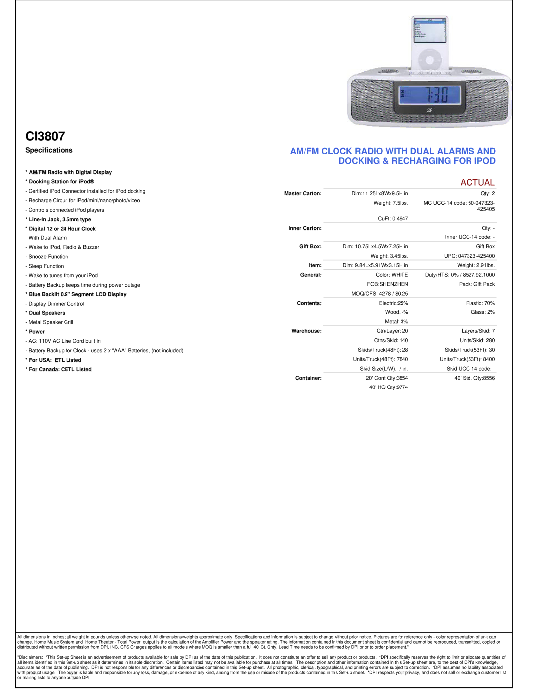 GPX C13807 manual CI3807, Actual, Specifications 