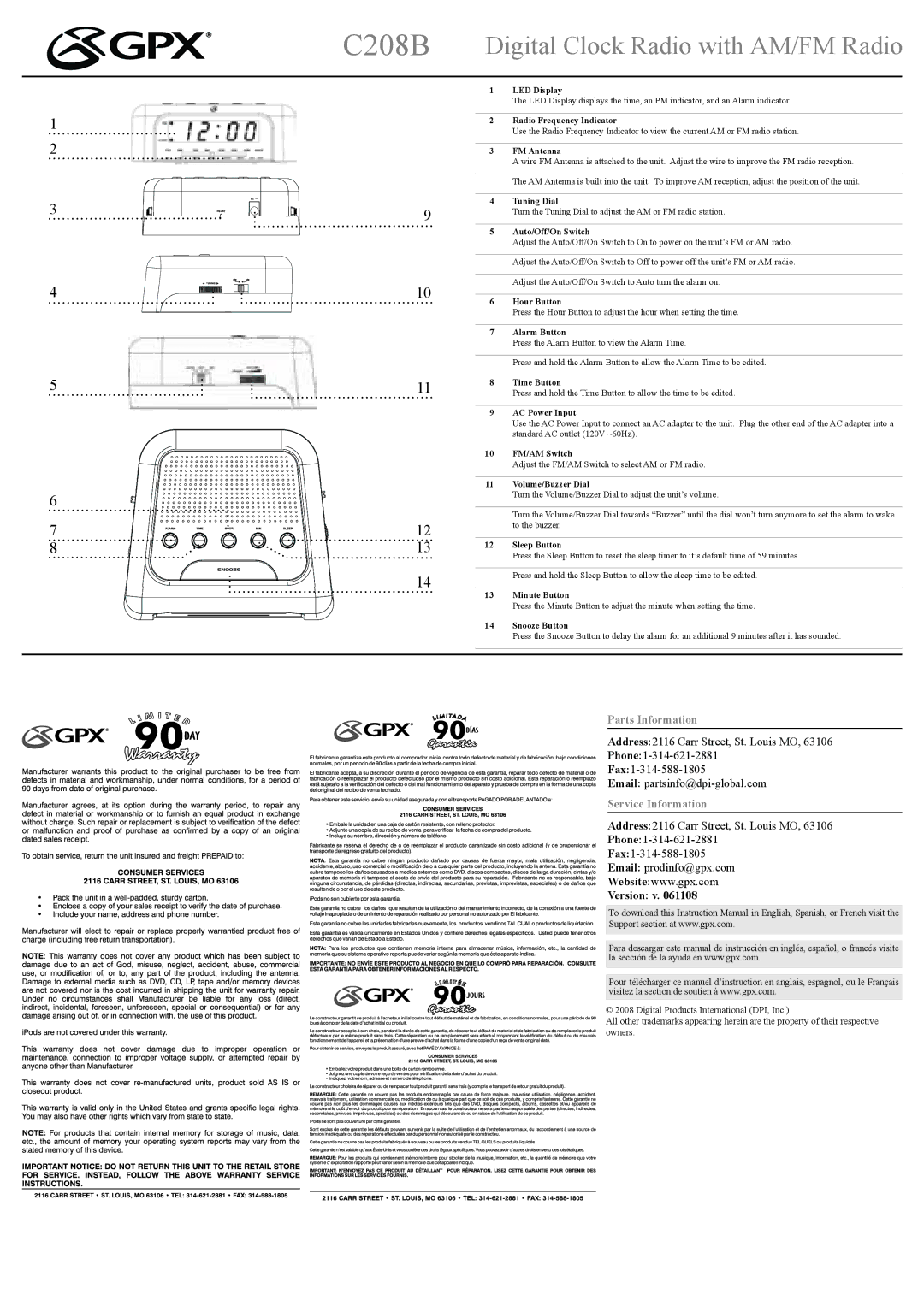 GPX C208B instruction manual Parts Information, Service Information, Version v 