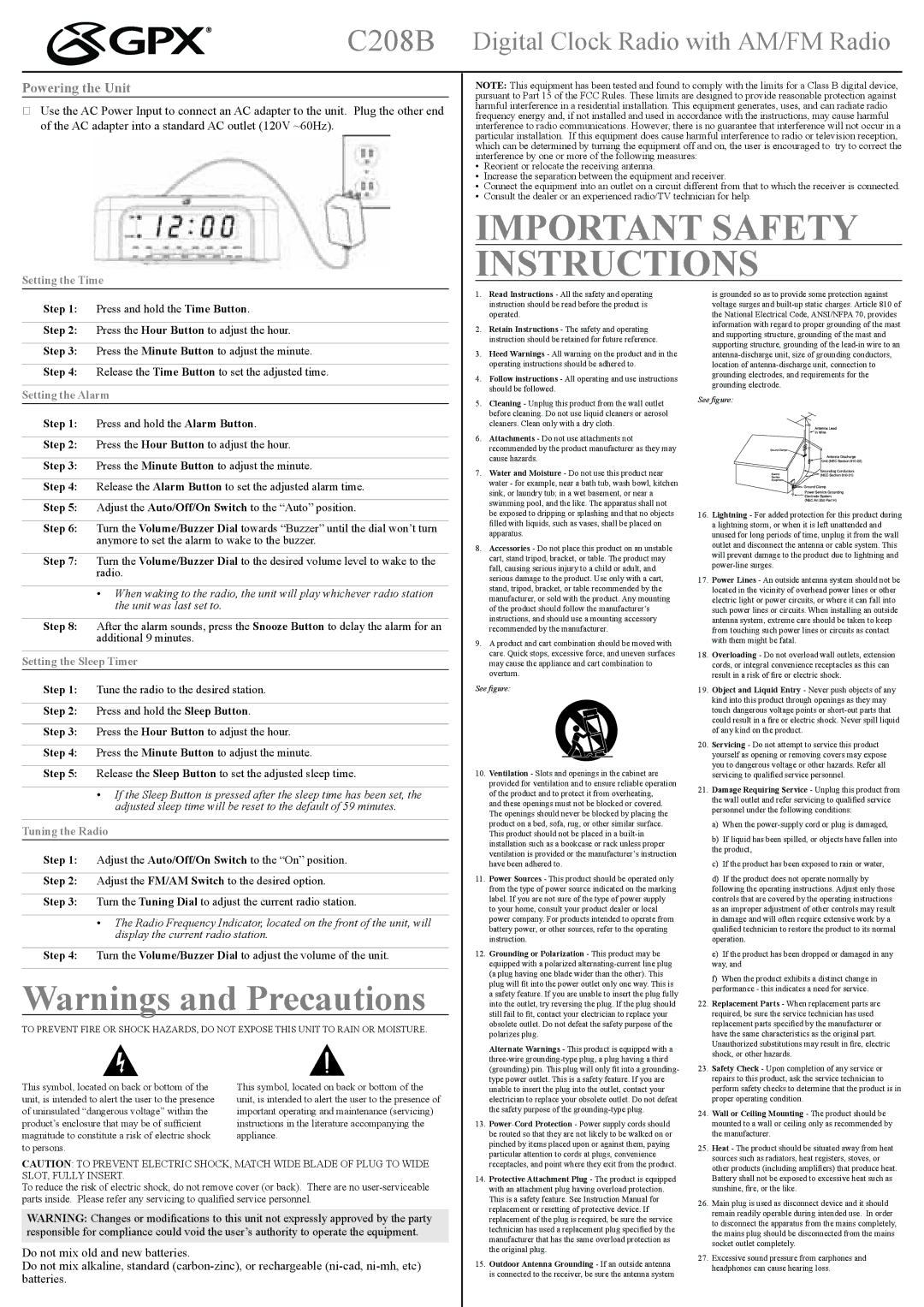 GPX C208B instruction manual Setting the Time, Setting the Alarm, Setting the Sleep Timer, Tuning the Radio 