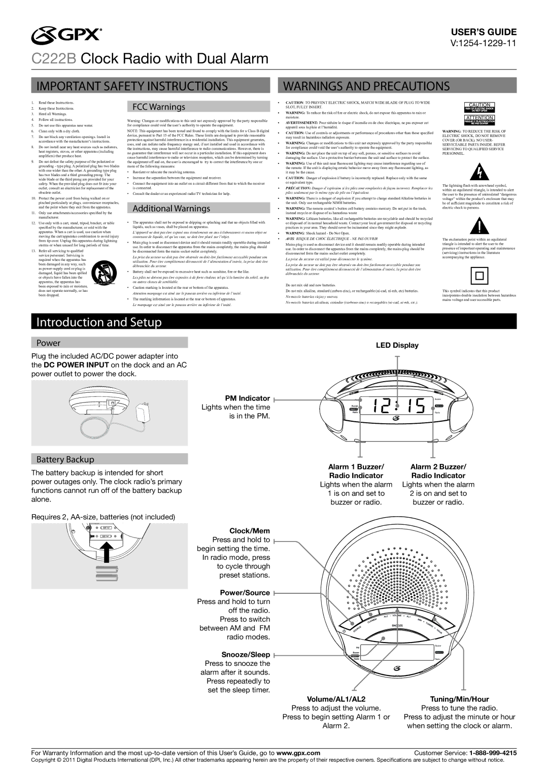 GPX C222B important safety instructions Introduction and Setup 