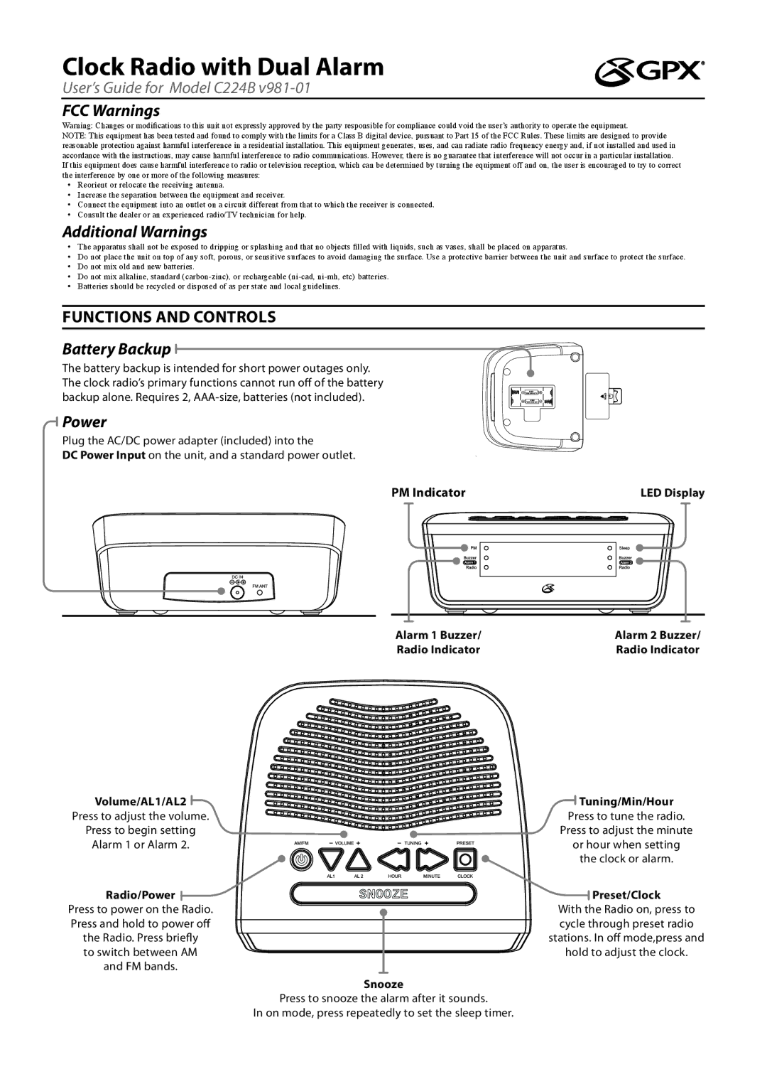 GPX C224B manual FCC Warnings, Additional Warnings, Battery Backup, Power 