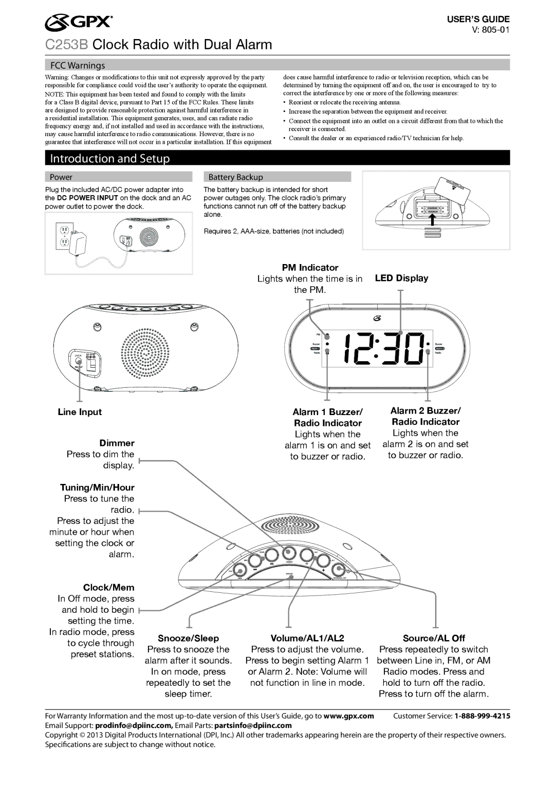 GPX C253B warranty Introduction and Setup, PM Indicator, Alarm 1 Buzzer, Snooze/Sleep Volume/AL1/AL2 Source/AL Off 