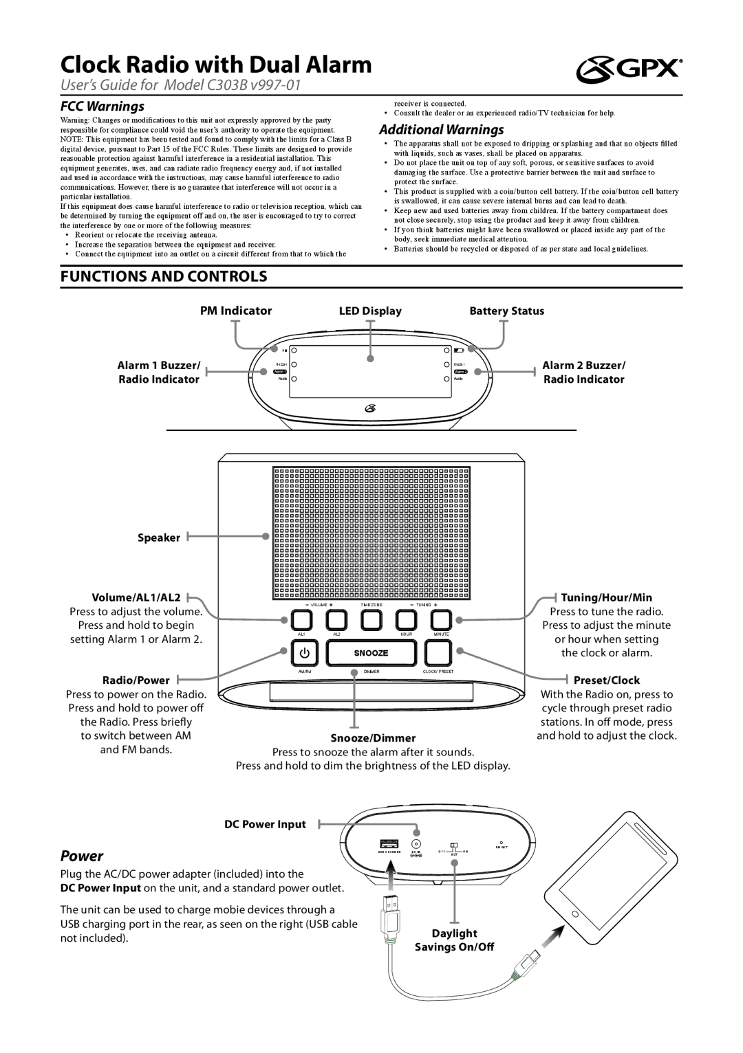 GPX C303B V997-01 manual Functions and Controls, FCC Warnings, Additional Warnings 