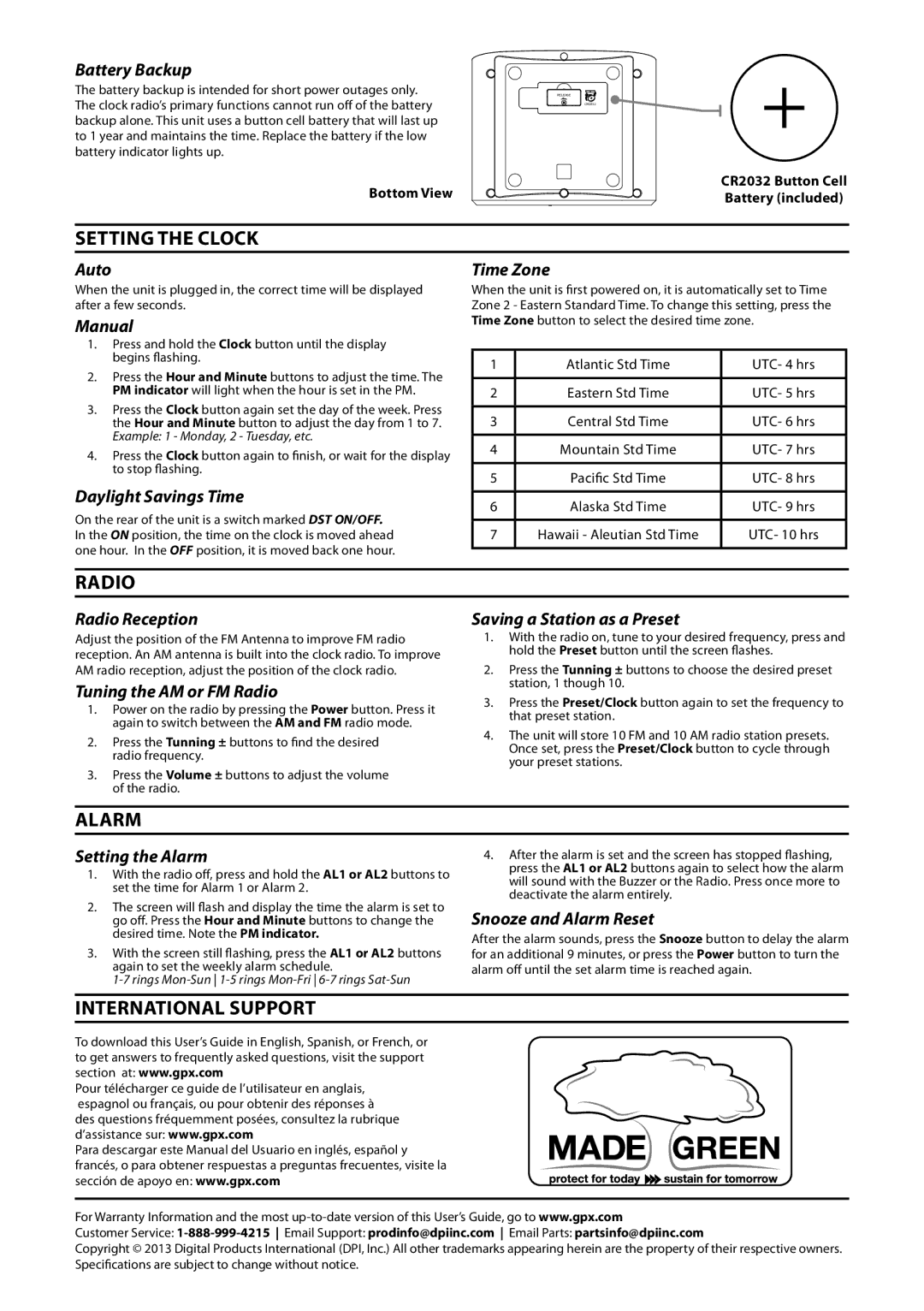 GPX C303B V997-01 manual Setting the Clock, Radio, Alarm, International Support 