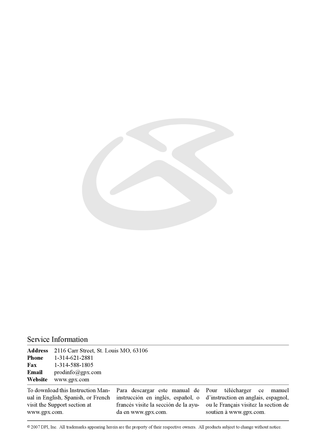 GPX C308S instruction manual Service Information 