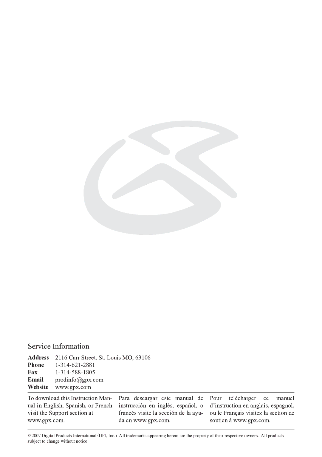 GPX CC208S instruction manual Service Information 