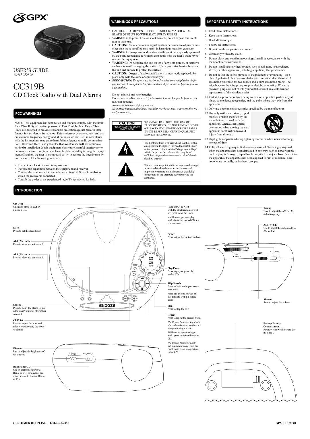 GPX CC319B important safety instructions FCC Warnings, Important Safety Instructions, Introduction 