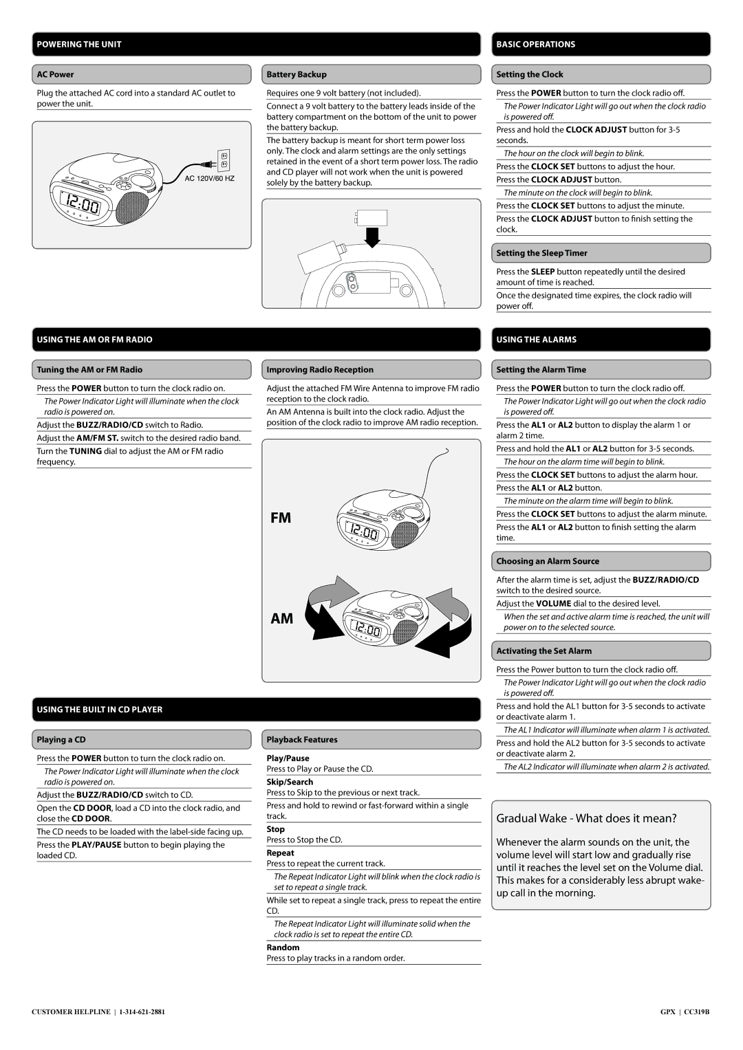 GPX CC319B Powering the Unit, Basic Operations, Using the AM or FM Radio, Using the Built in CD Player, Using the Alarms 