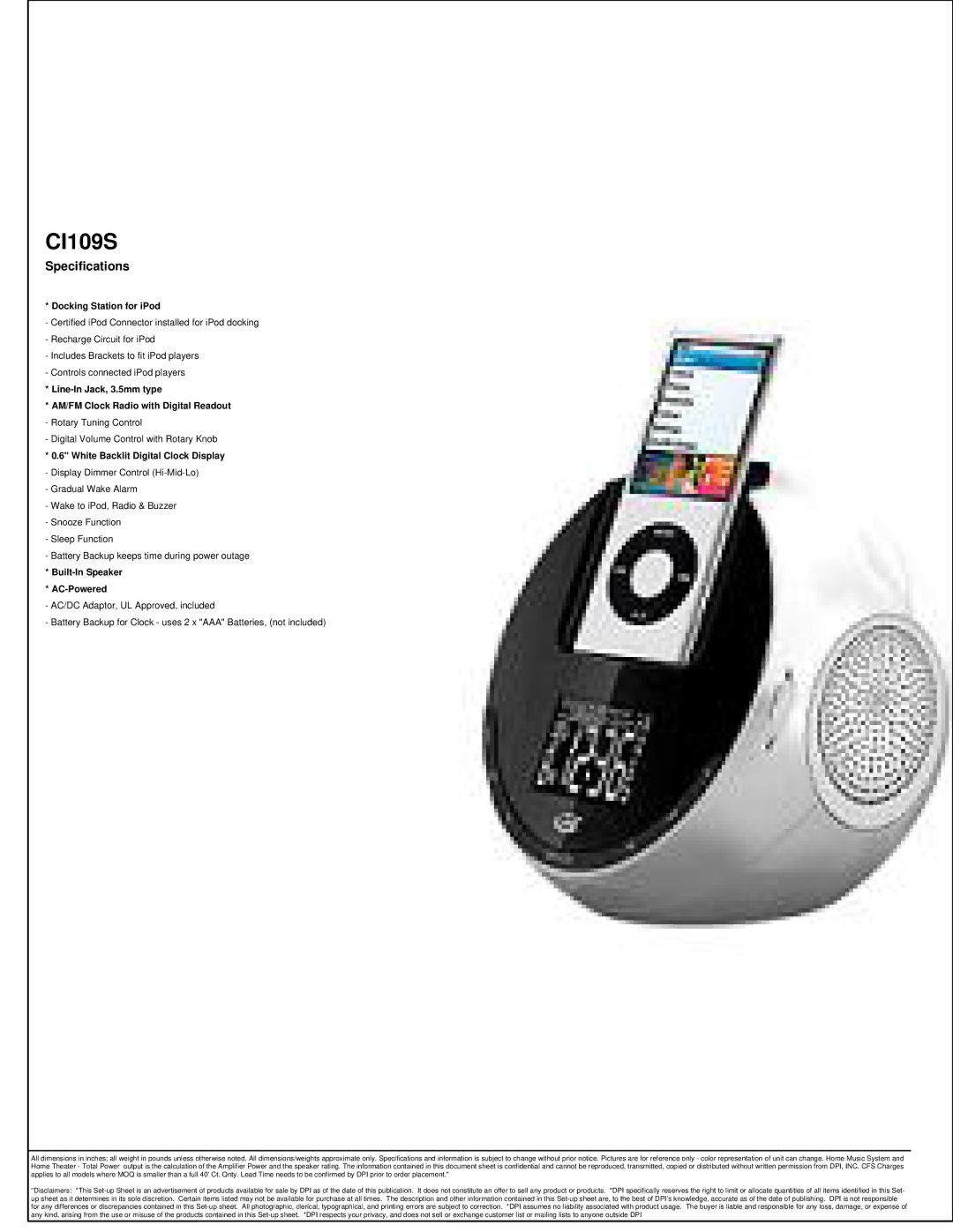 GPX CI109S, Specifications, Docking Station for iPod, White Backlit Digital Clock Display, Built-In Speaker AC-Powered 