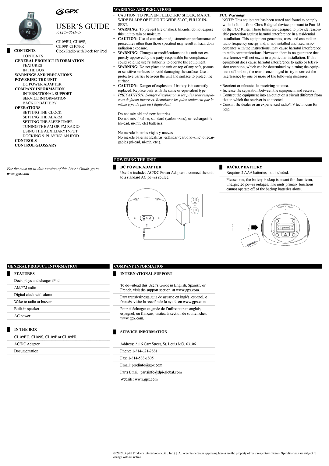 GPX CI109BU, CI109PR, 1209-0611-09, CI109S manual USER’S Guide 