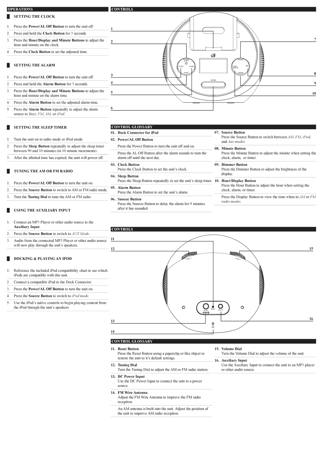 GPX CI109PR, CI109BU, 1209-0611-09, CI109S manual Operations Controls, Controls Control Glossary 