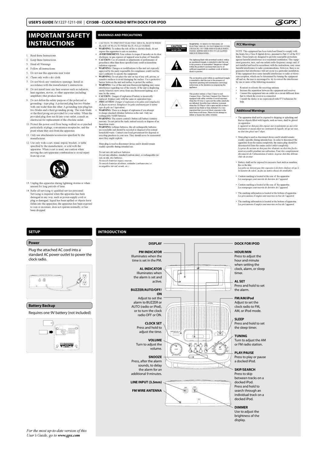 GPX CI150B important safety instructions Power, Battery Backup 