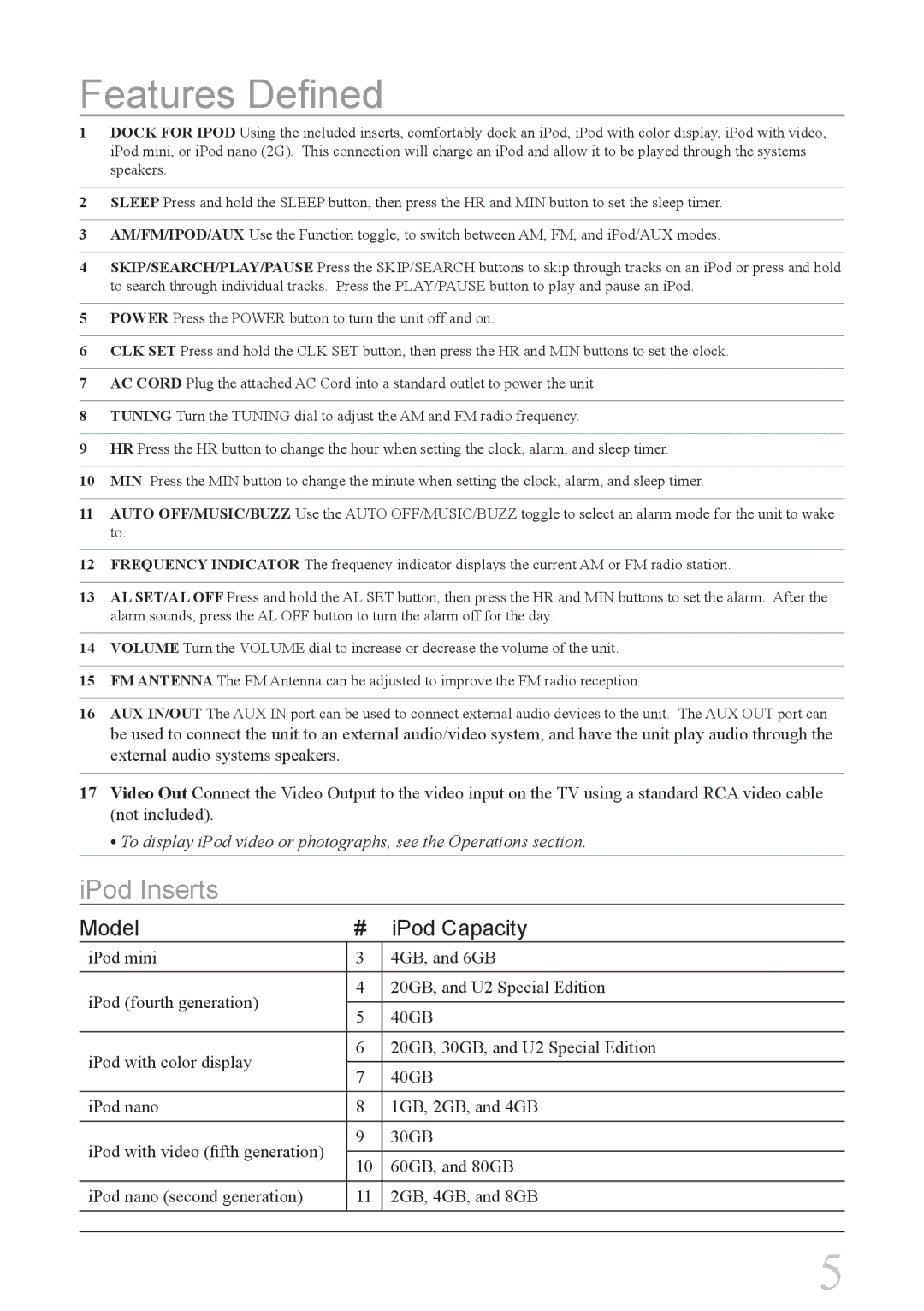 GPX CI188B instruction manual Features Defined, IPod Inserts 