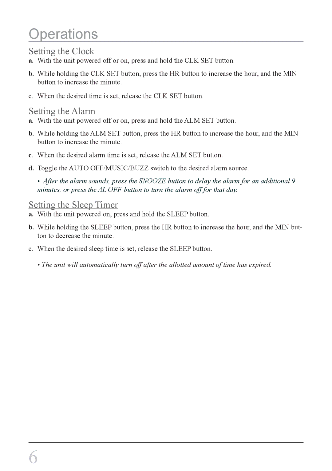 GPX CI188B instruction manual Operations, Setting the Clock, Setting the Alarm, Setting the Sleep Timer 