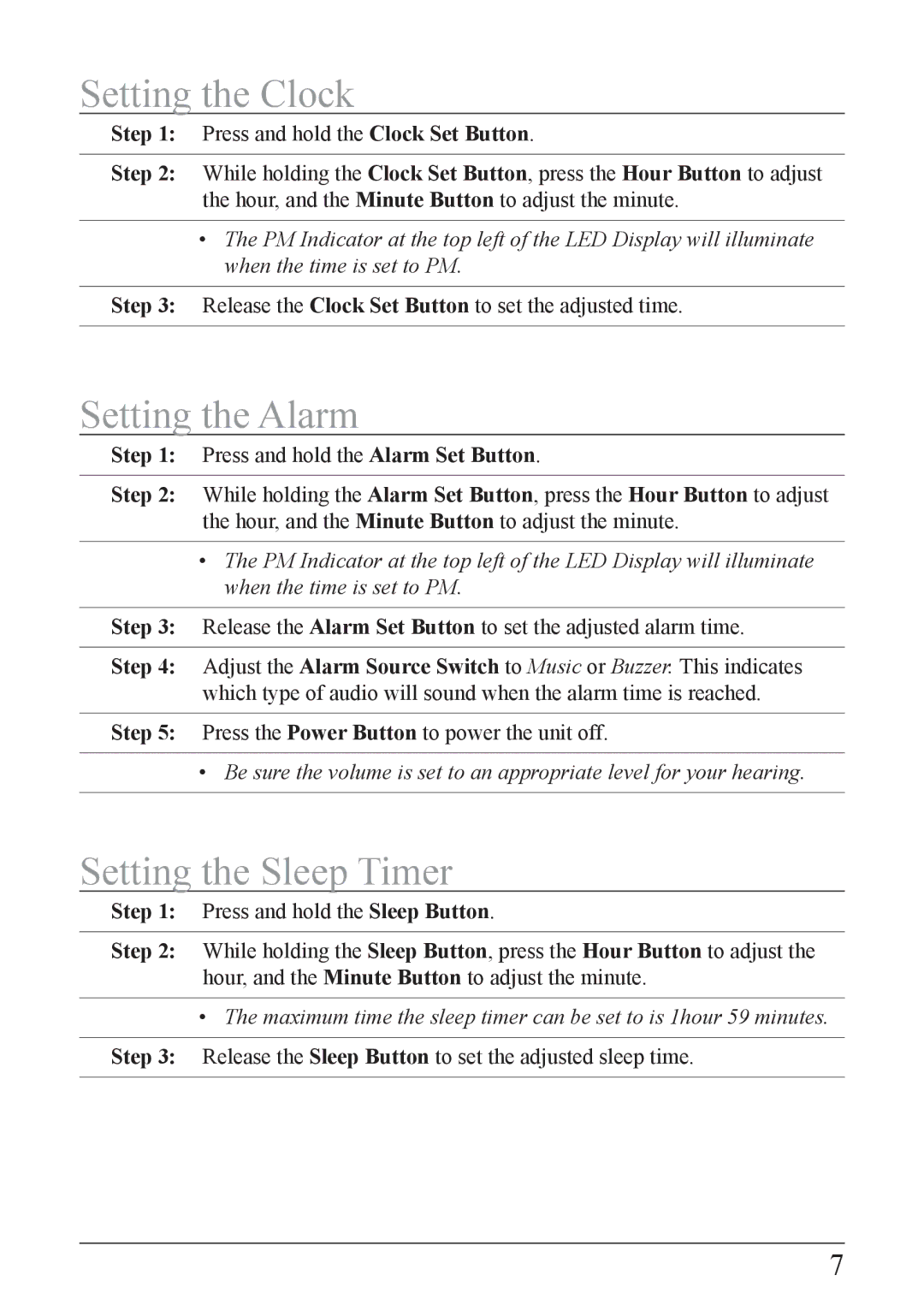 GPX CI189B important safety instructions Setting the Clock, Setting the alarm, Setting the sleep Timer 