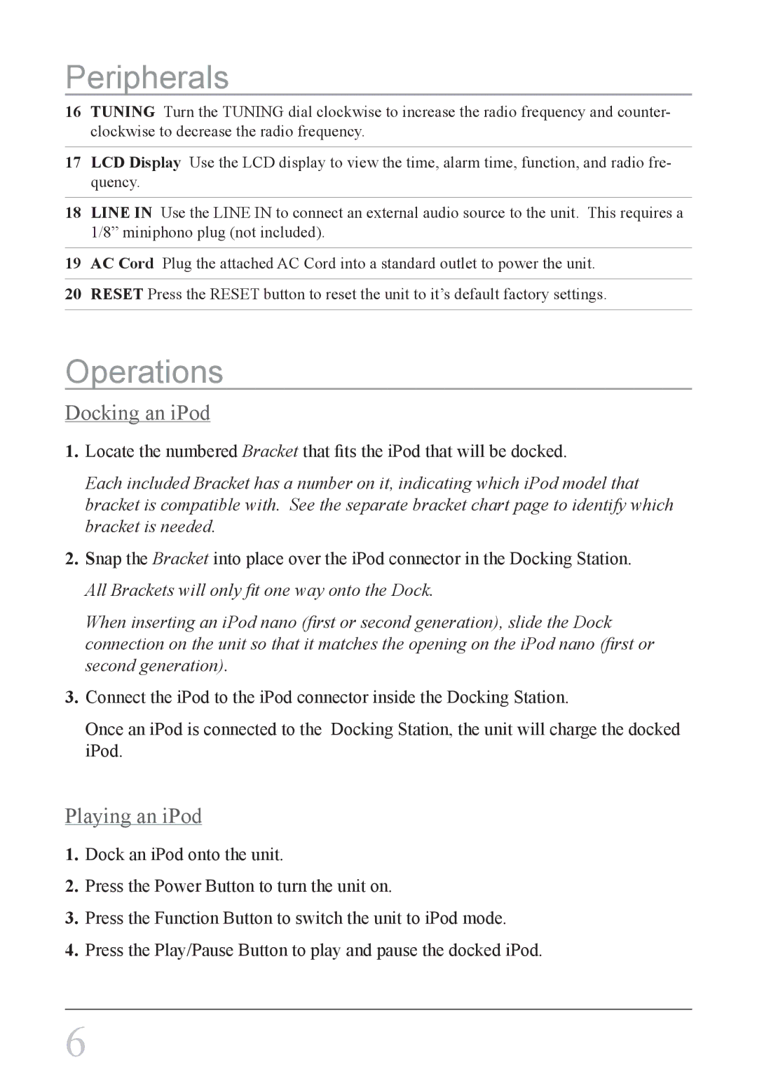 GPX ci3807b, CI3807 instruction manual Peripherals, Operations, Docking an iPod, Playing an iPod 