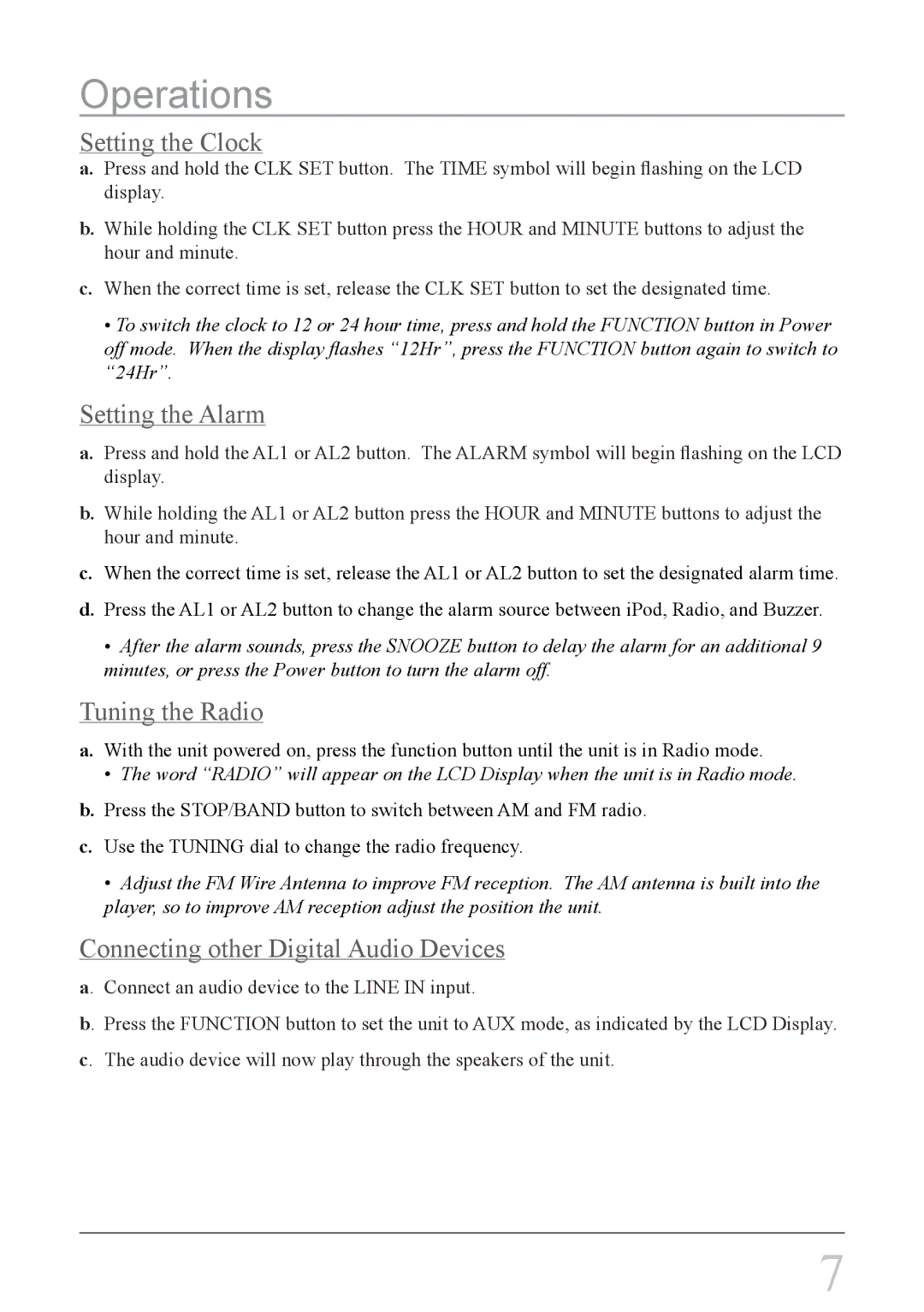 GPX CI3807, ci3807b Setting the Clock, Setting the Alarm, Tuning the Radio, Connecting other Digital Audio Devices 