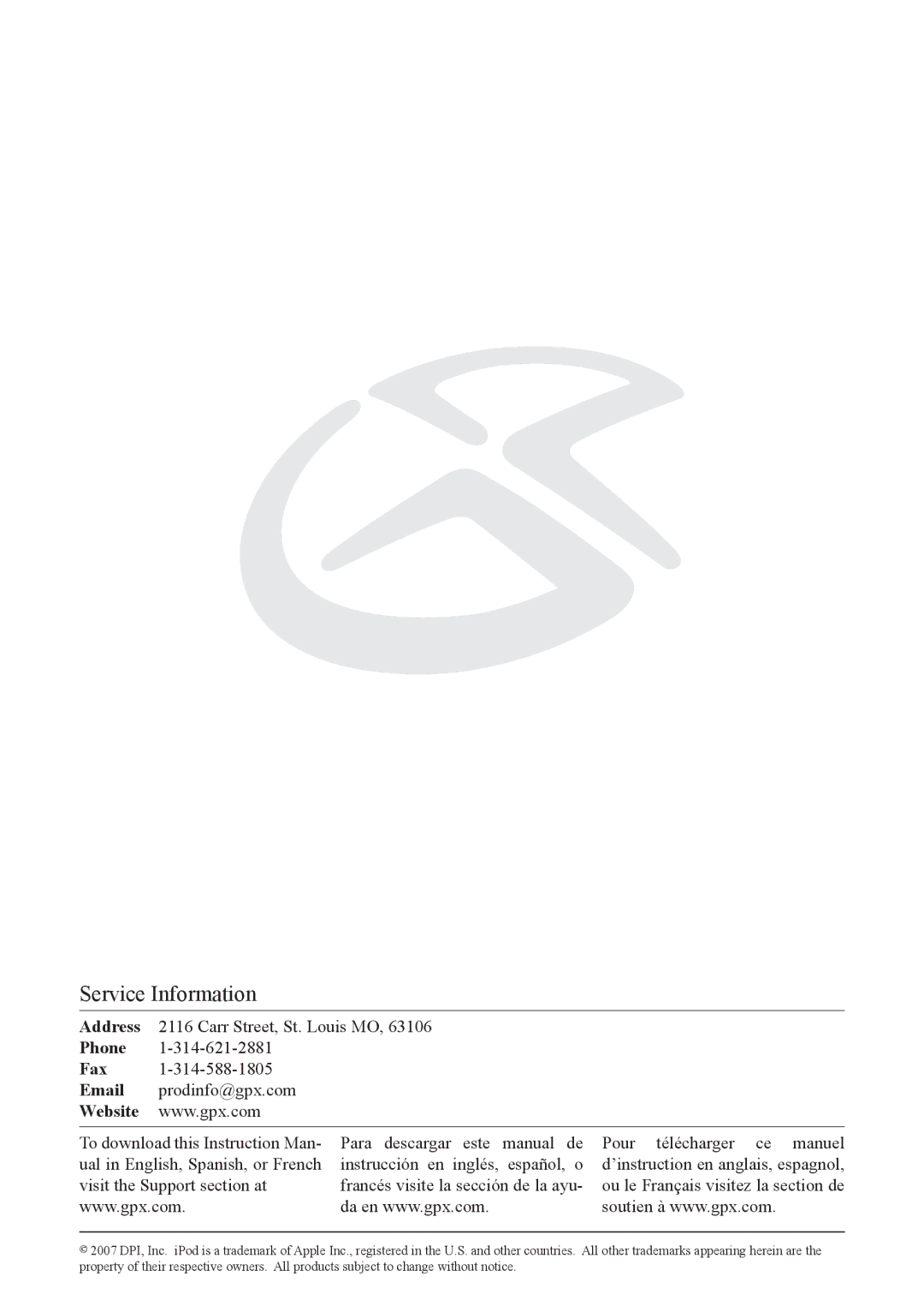 GPX ci3807b, CI3807 instruction manual Service Information 