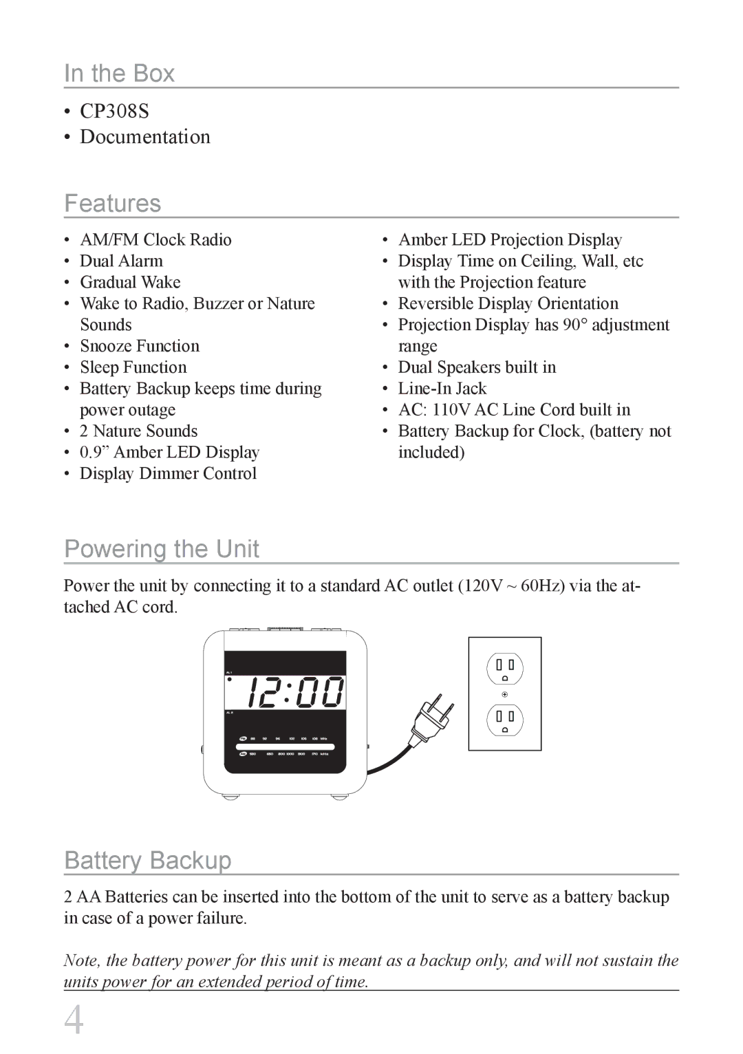 GPX CP308S instruction manual Box, Features, Powering the Unit, Battery Backup 