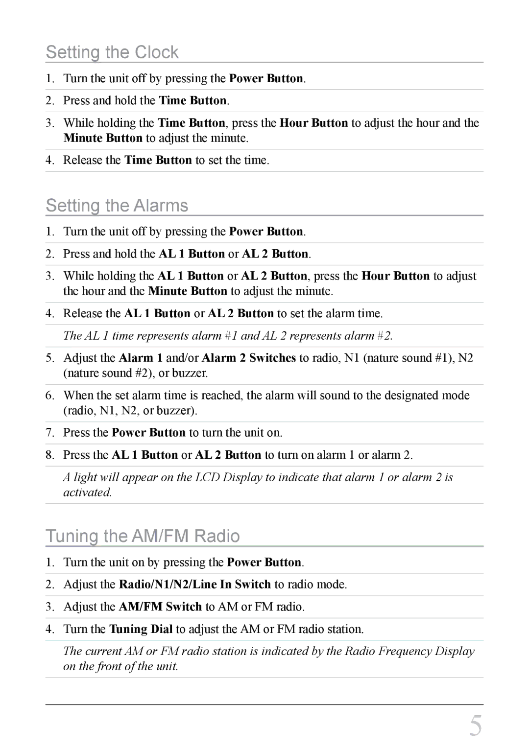 GPX CP308S instruction manual Setting the Clock, Setting the Alarms, Tuning the AM/FM Radio 