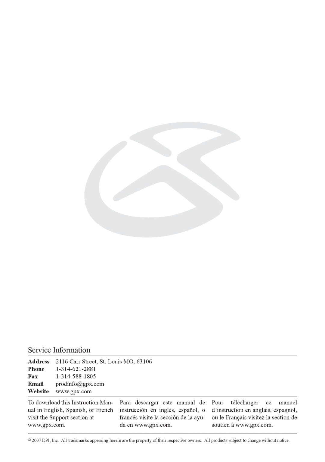 GPX CP308S instruction manual Service Information 