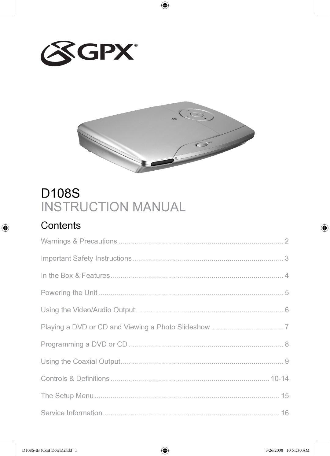 GPX D108S instruction manual Contents 