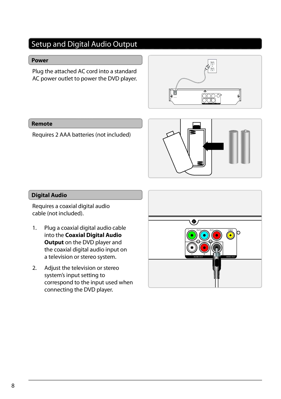 GPX D112B manual Setup and Digital Audio Output, Power, Remote 