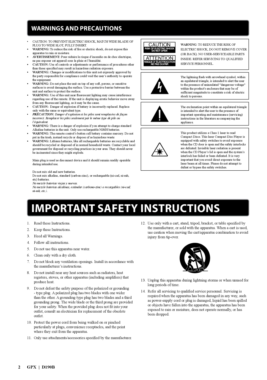 GPX D190B manual Important Safety Instructions 