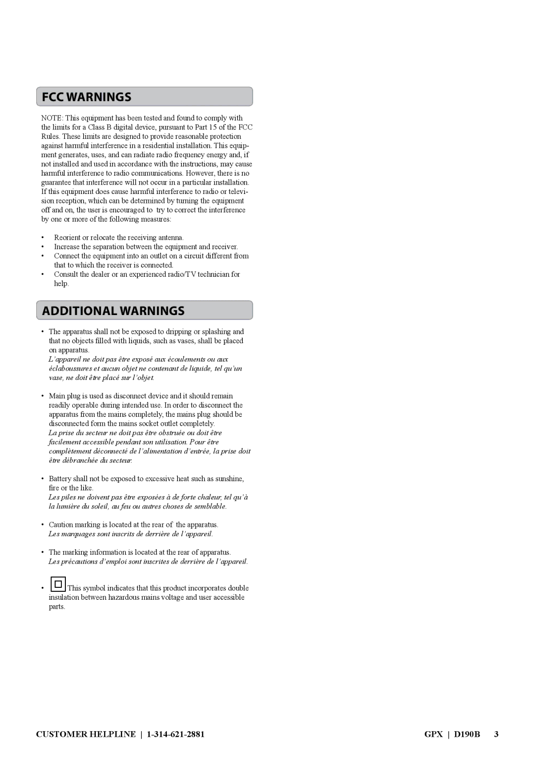 GPX D190B manual FCC Warnings, Additional Warnings 