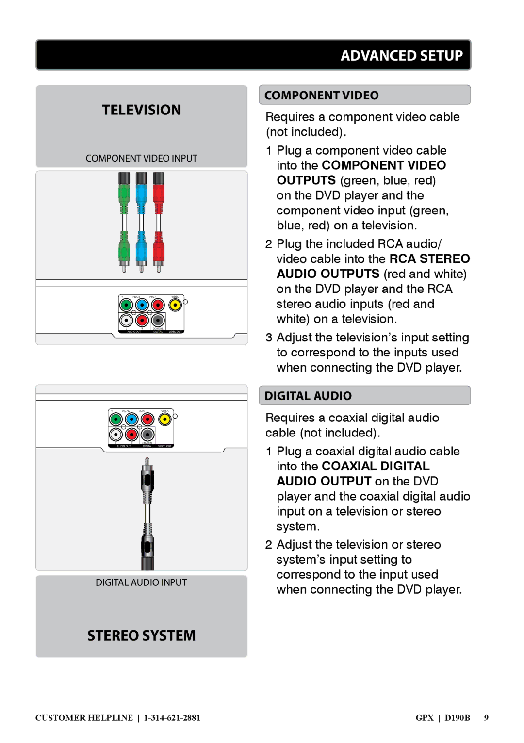 GPX D190B manual Component Video, Digital Audio 