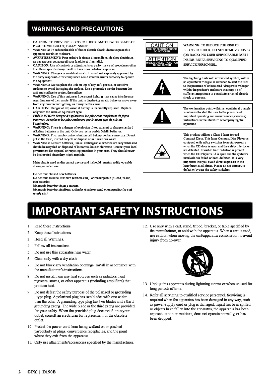 GPX manual Warnings and Precautions, Important Safety Instructions, GPX D190B 