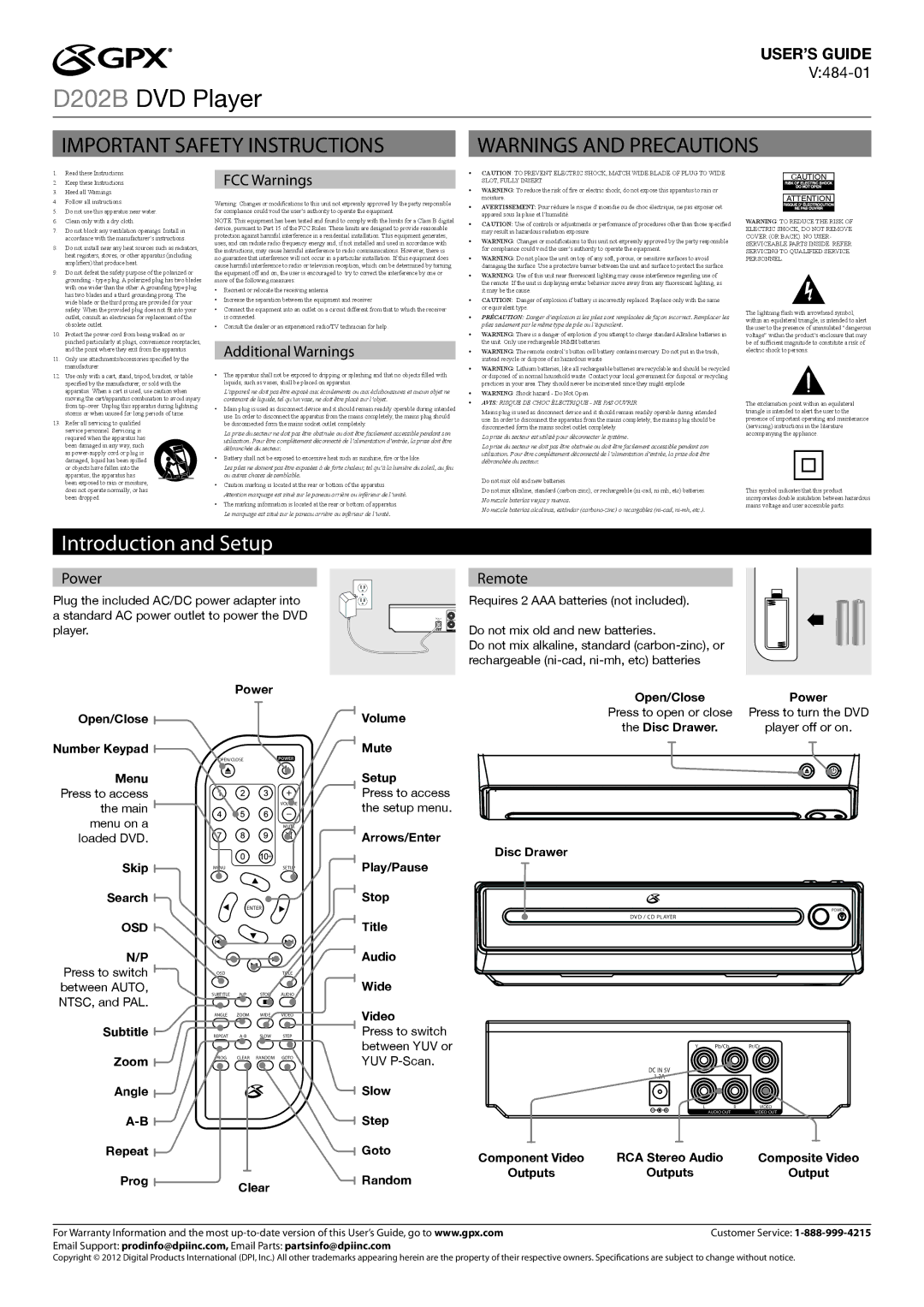 GPX D202B important safety instructions Introduction and Setup 