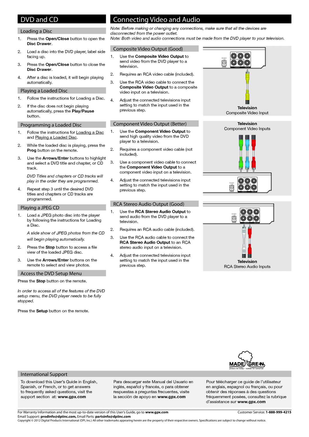 GPX D202B important safety instructions DVD and CD, Connecting Video and Audio 