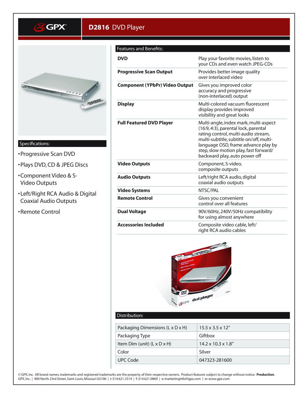 GPX D2816 DVD Player, Progressive Scan DVD Plays DVD, CD & JPEG Discs, Component Video & S- Video Outputs, Distribution 